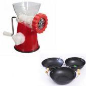 Deal Of Meat Mincer Red With 3 Non-Stick Karahi